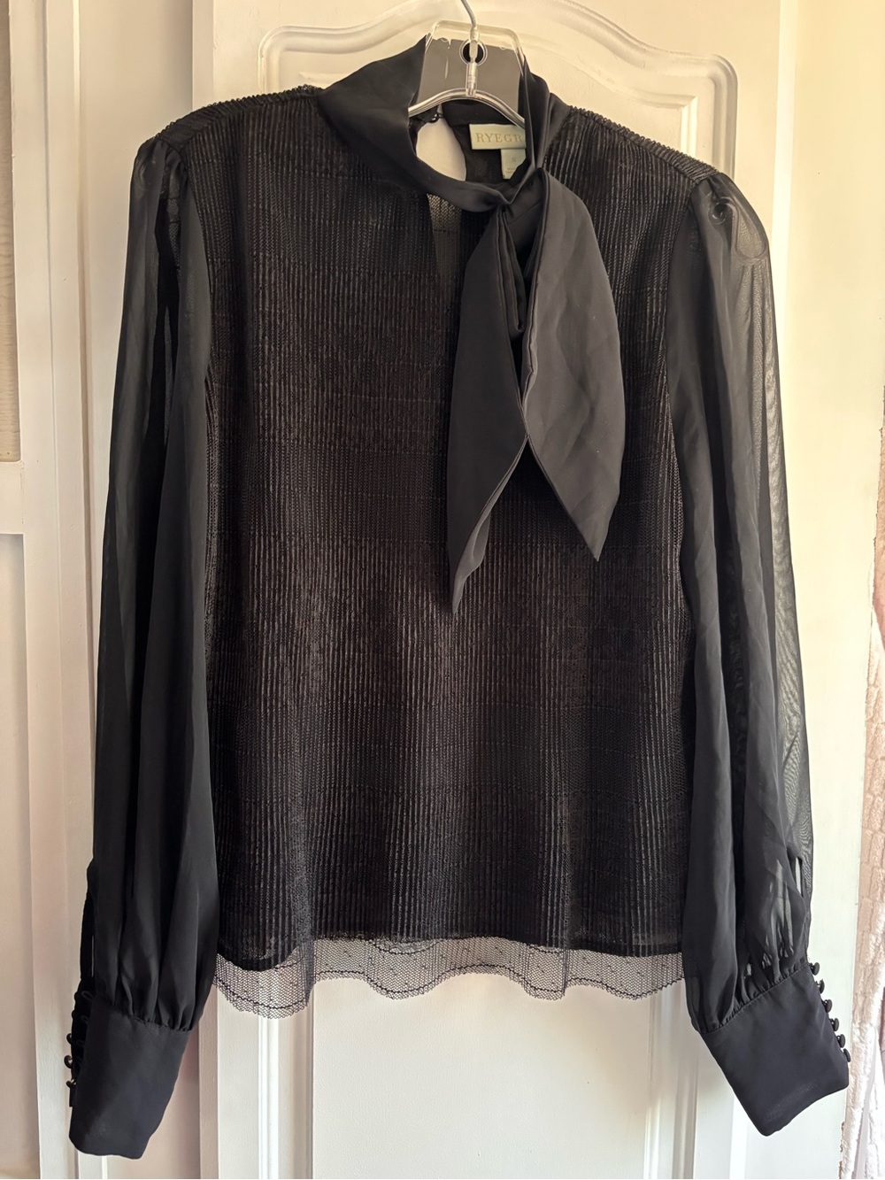 Grace Black Sheer Tie-Neck Blouse with Textured Bodice
